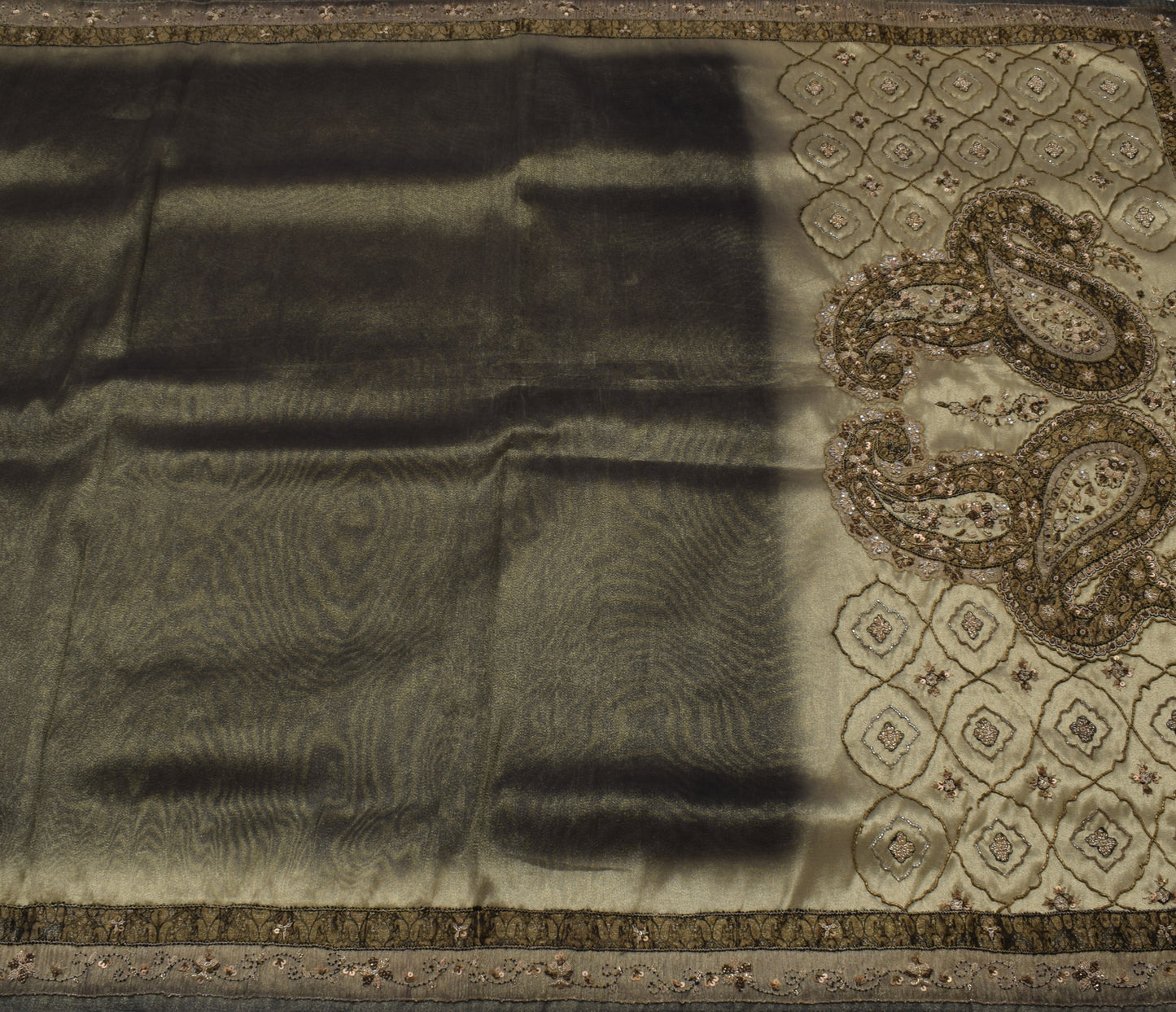 Sushila Vintage Green Saree Blend Tissue Silk Hand Beaded Sari Craft 5 YD Fabric