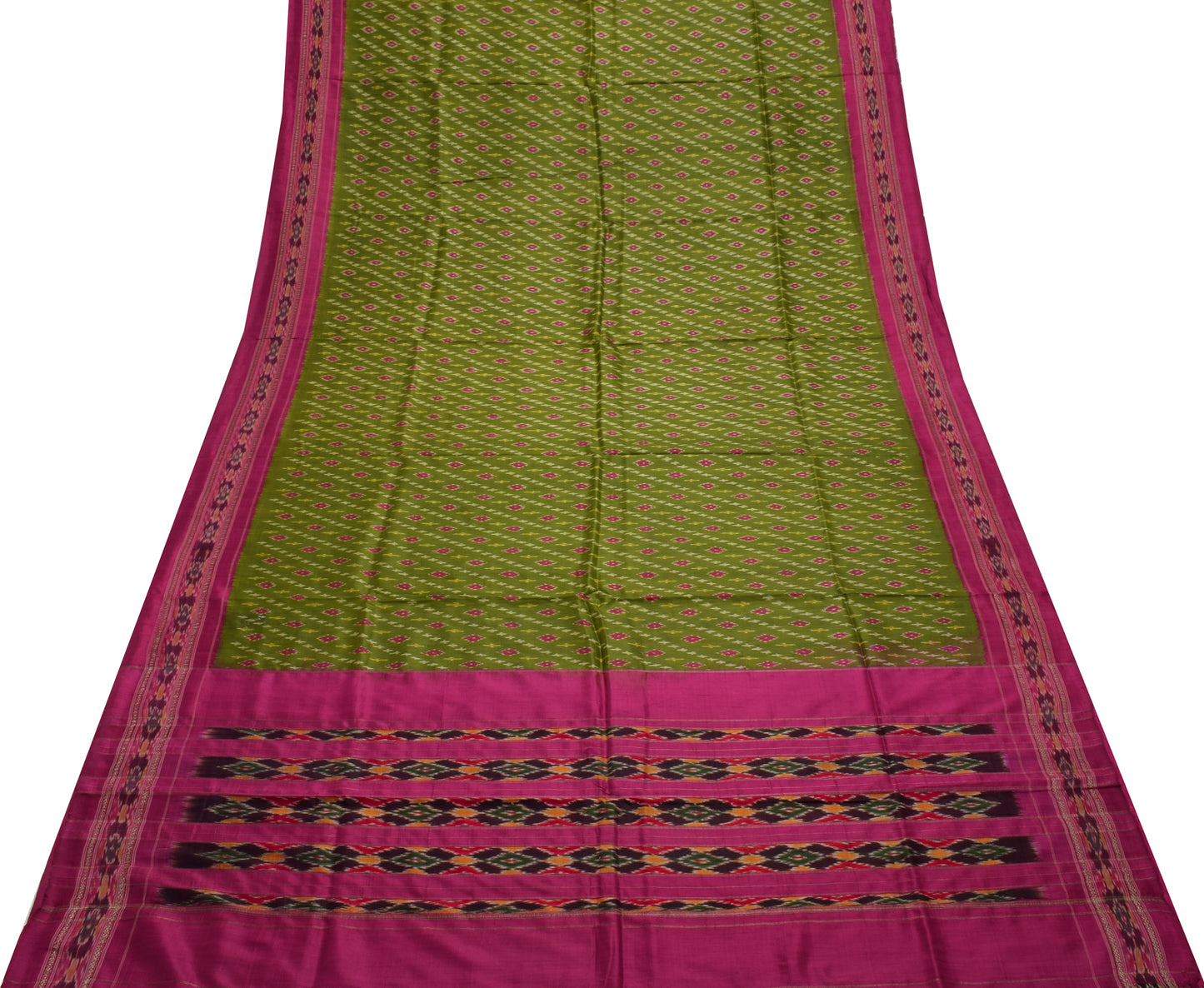 Sushila Vintage Green Saree Pure Silk Hand Woven Ikat Patola Sari Craft Fabric