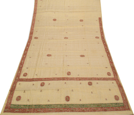 Sushila Vintage Cream Saree Pure Silk Hand Beaded & Woven Floral Sari Fabric