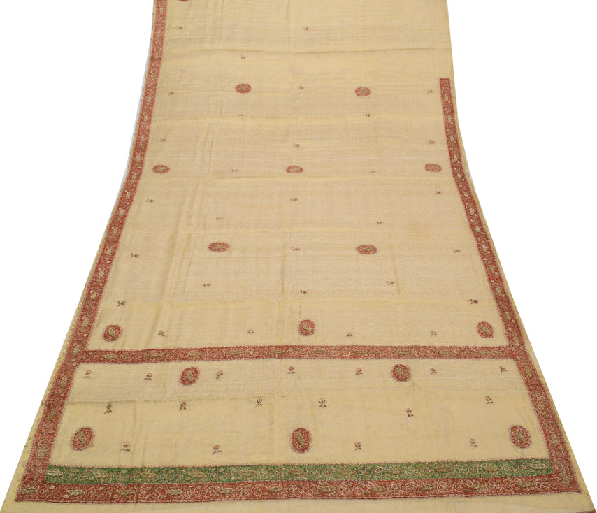 Sushila Vintage Cream Saree Pure Silk Hand Beaded & Woven Floral Sari Fabric