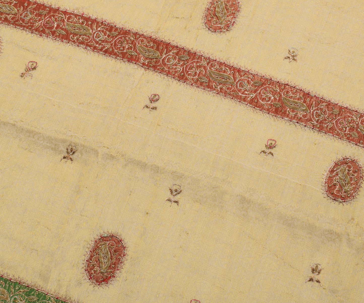Sushila Vintage Cream Saree Pure Silk Zardozi Work Banarasi Floral Sari Fabric