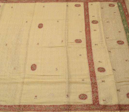 Sushila Vintage Cream Saree Pure Silk Zardozi Work Banarasi Floral Sari Fabric