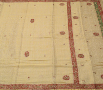 Sushila Vintage Cream Saree Pure Silk Hand Beaded & Woven Floral Sari Fabric