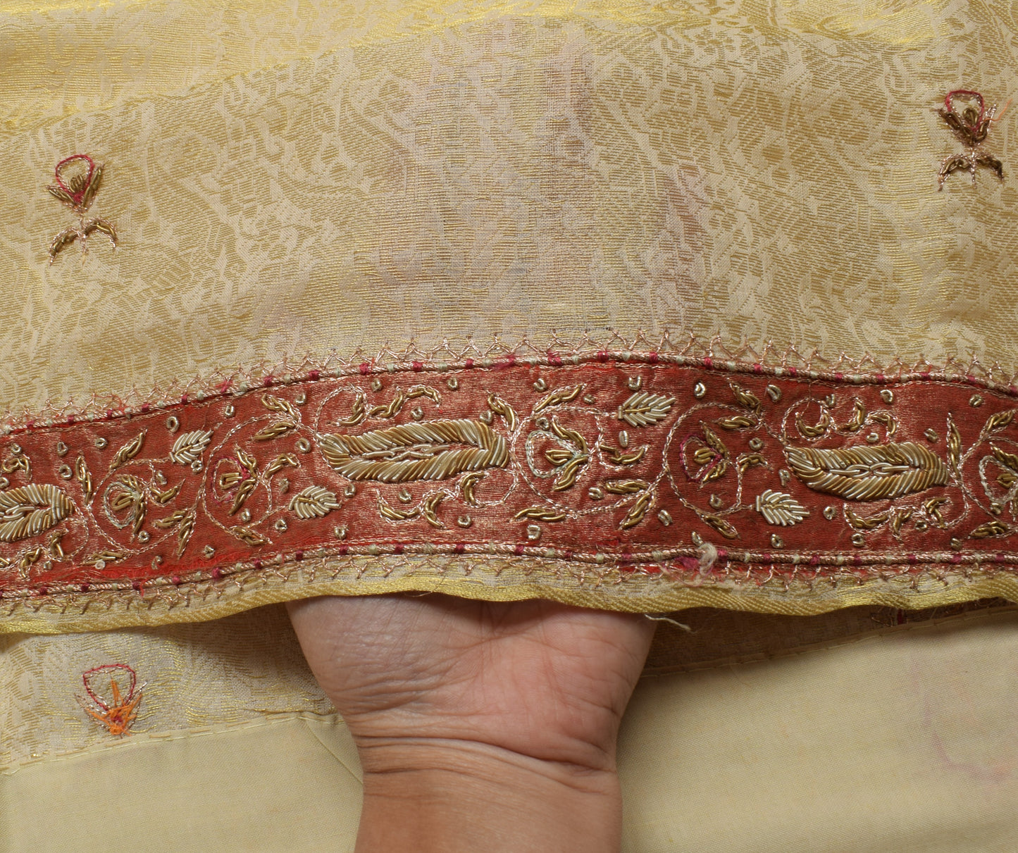 Sushila Vintage Cream Saree Pure Silk Zardozi Work Banarasi Floral Sari Fabric