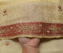 Sushila Vintage Cream Saree Pure Silk Hand Beaded & Woven Floral Sari Fabric