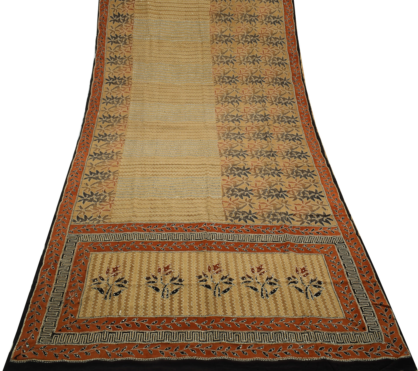 Sushila Vintage Indian Saree Pure Crepe Silk Hand Embroidered Floral Sari Fabric