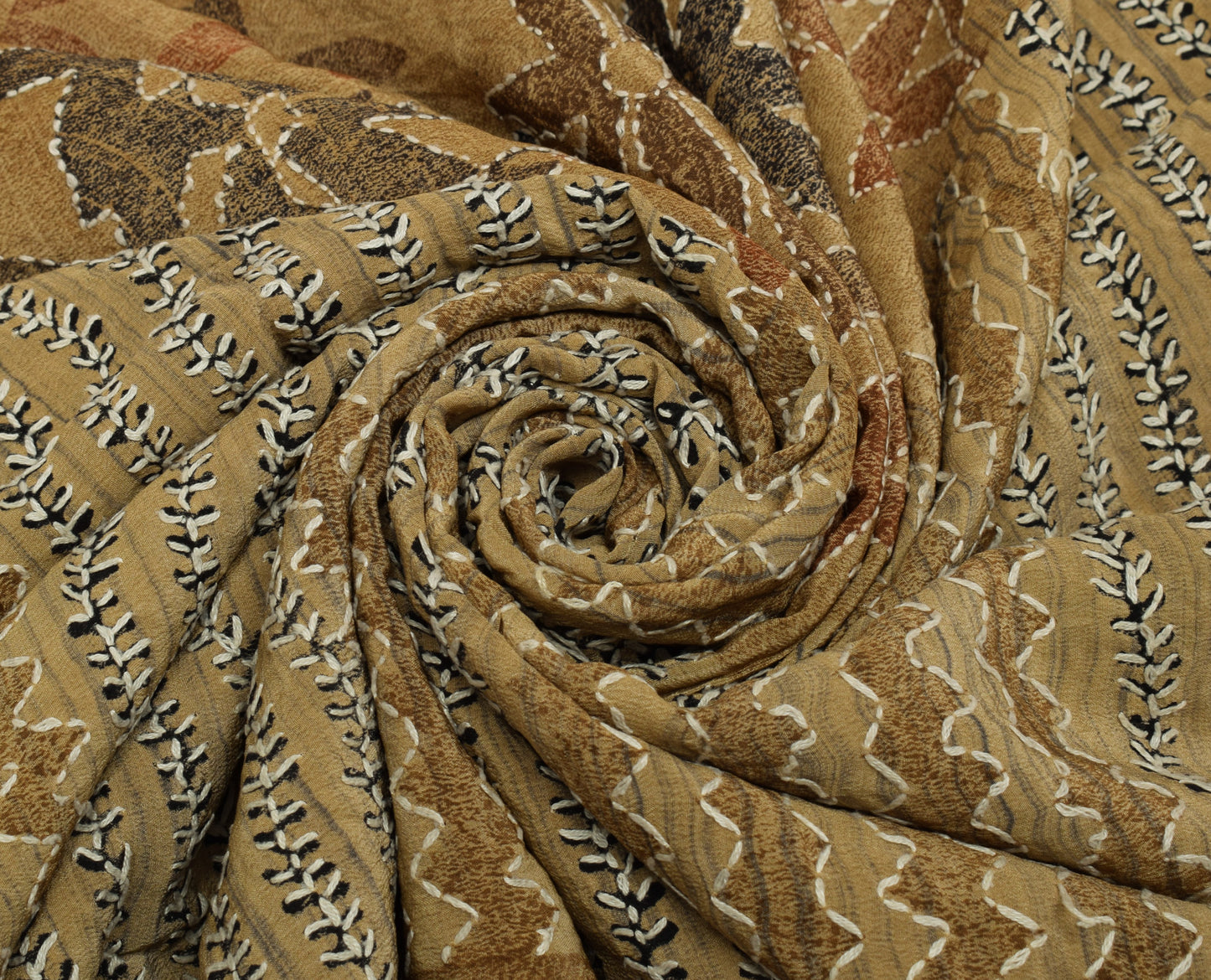 Sushila Vintage Indian Saree Pure Crepe Silk Hand Embroidered Floral Sari Fabric