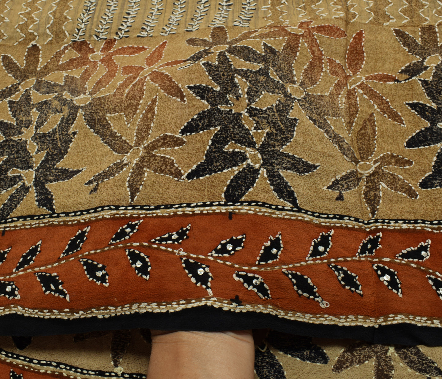 Sushila Vintage Indian Saree Pure Crepe Silk Hand Embroidered Floral Sari Fabric