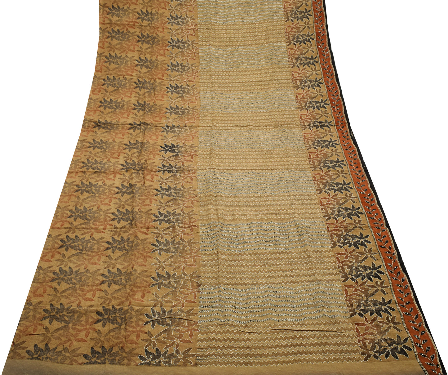 Sushila Vintage Indian Saree Pure Crepe Silk Hand Embroidered Floral Sari Fabric