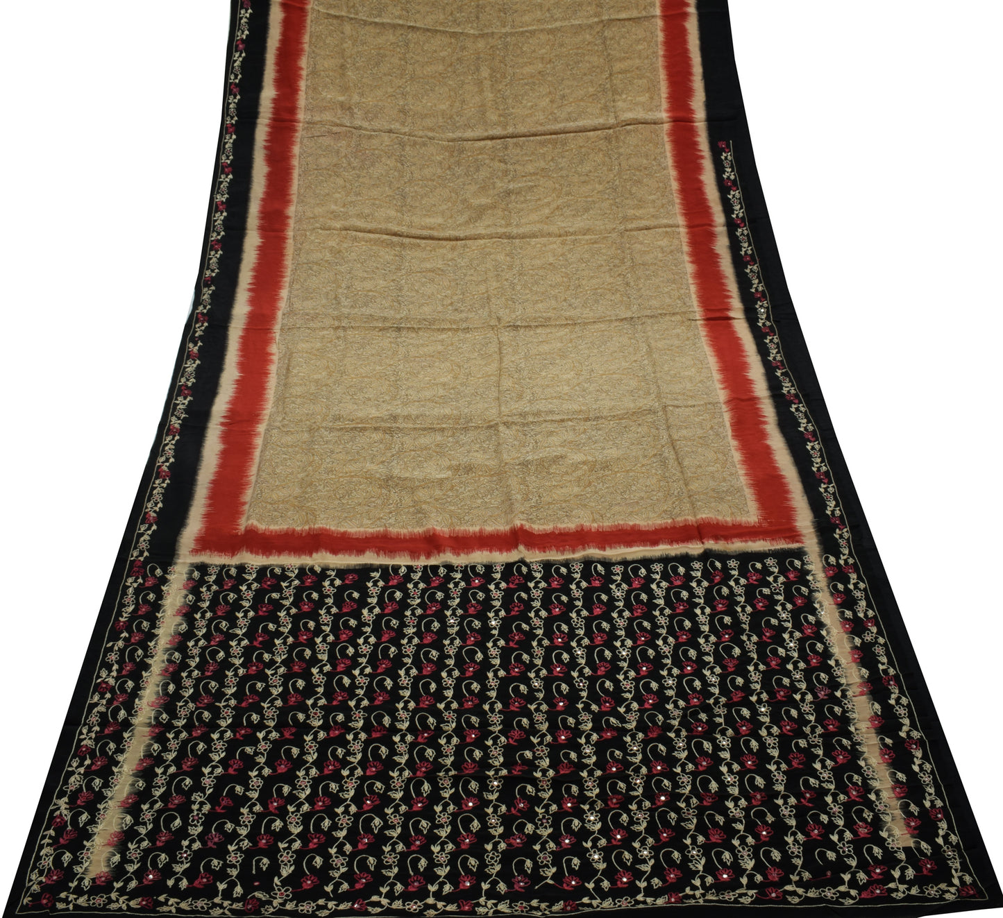 Sushila Vintage Cream Saree Pure Crepe Silk Printed Floral Sari Craft Fabric