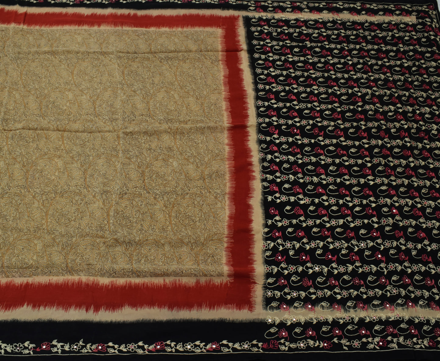 Sushila Vintage Cream Saree Pure Crepe Silk Printed Floral Sari Craft Fabric