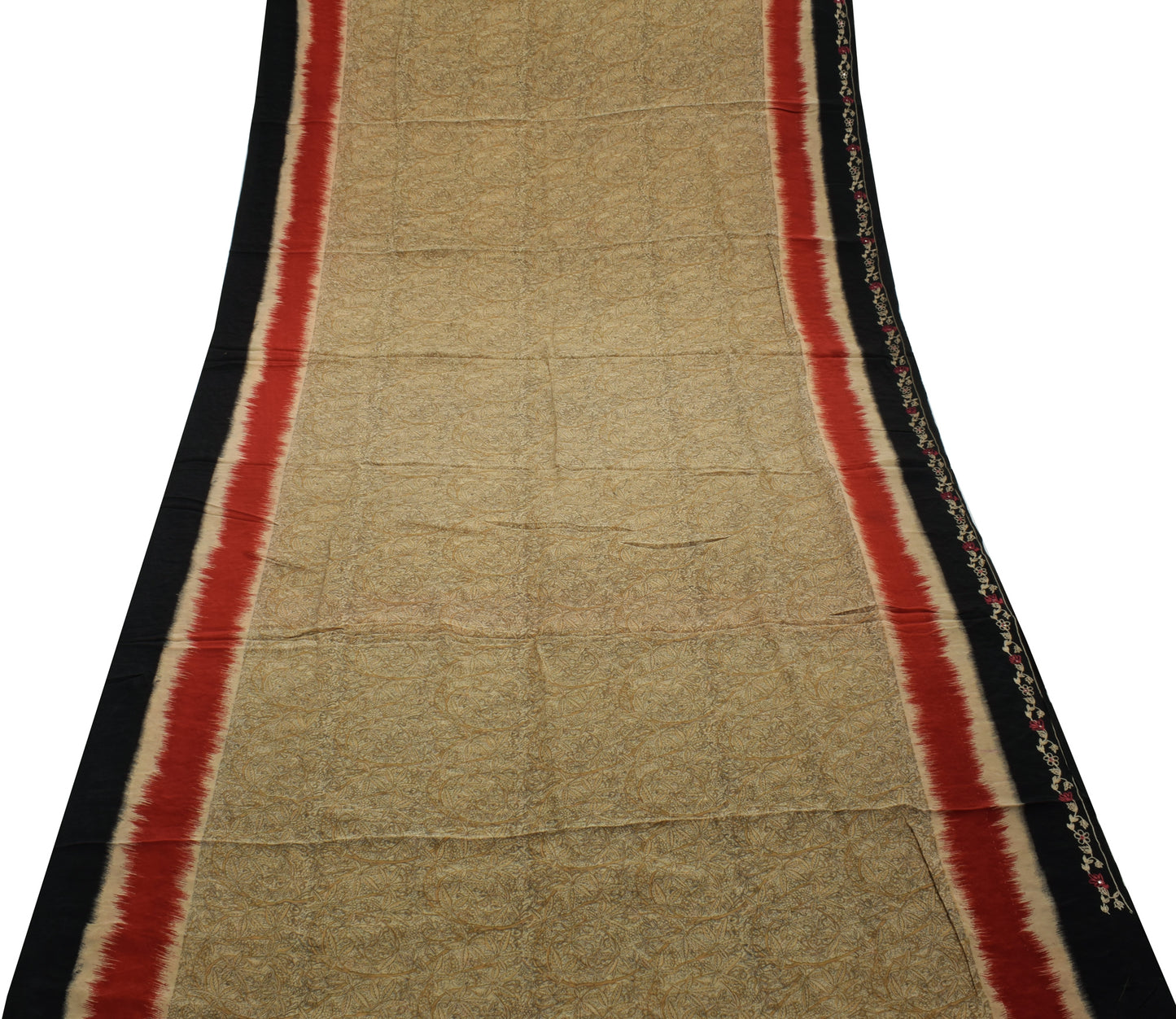 Sushila Vintage Cream Saree Pure Crepe Silk Printed Floral Sari Craft Fabric