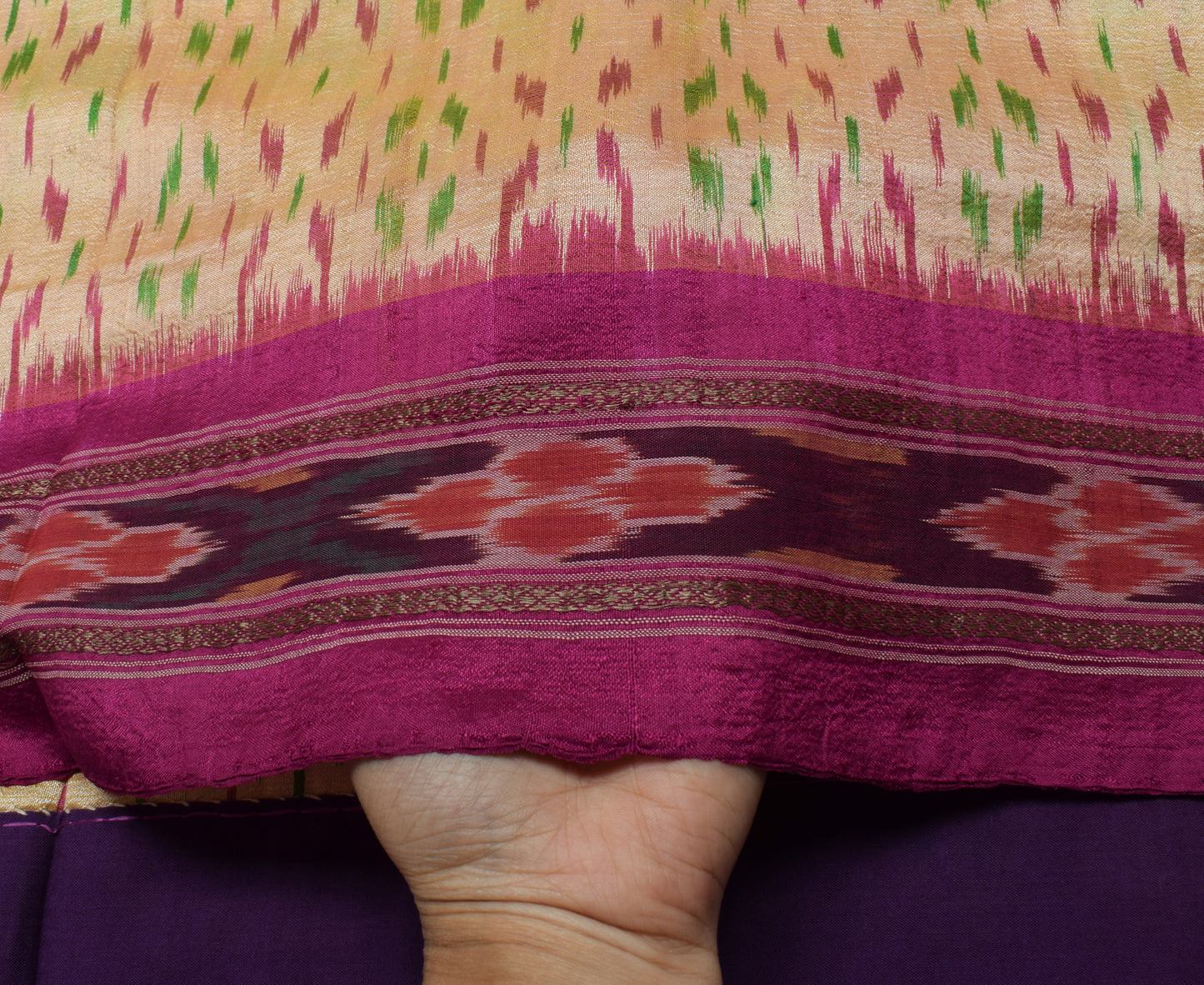 Sushila Vintage Beige Saree Pure Silk Hand Woven Ikat Patola Sari Craft Fabric