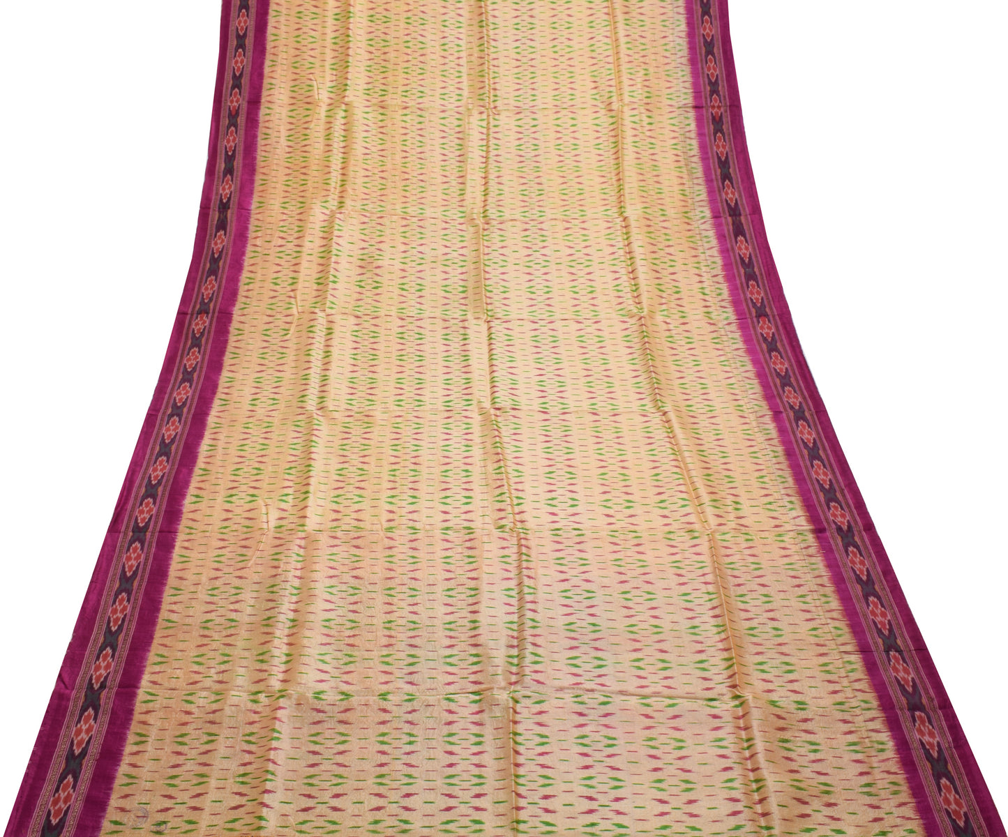 Sushila Vintage Beige Saree Pure Silk Hand Woven Ikat Patola Sari Craft Fabric