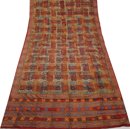 Sushila Vintage Multi-Color Saree Pure Crepe Silk Printed Sari 5 Yard Fabric