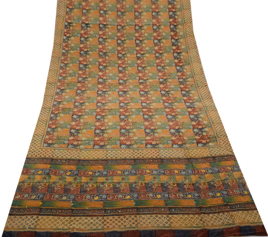 Sushila Vintage Multi-Color Saree Pure Crepe Silk Printed Floral BRANDED Sari Craft Fabric
