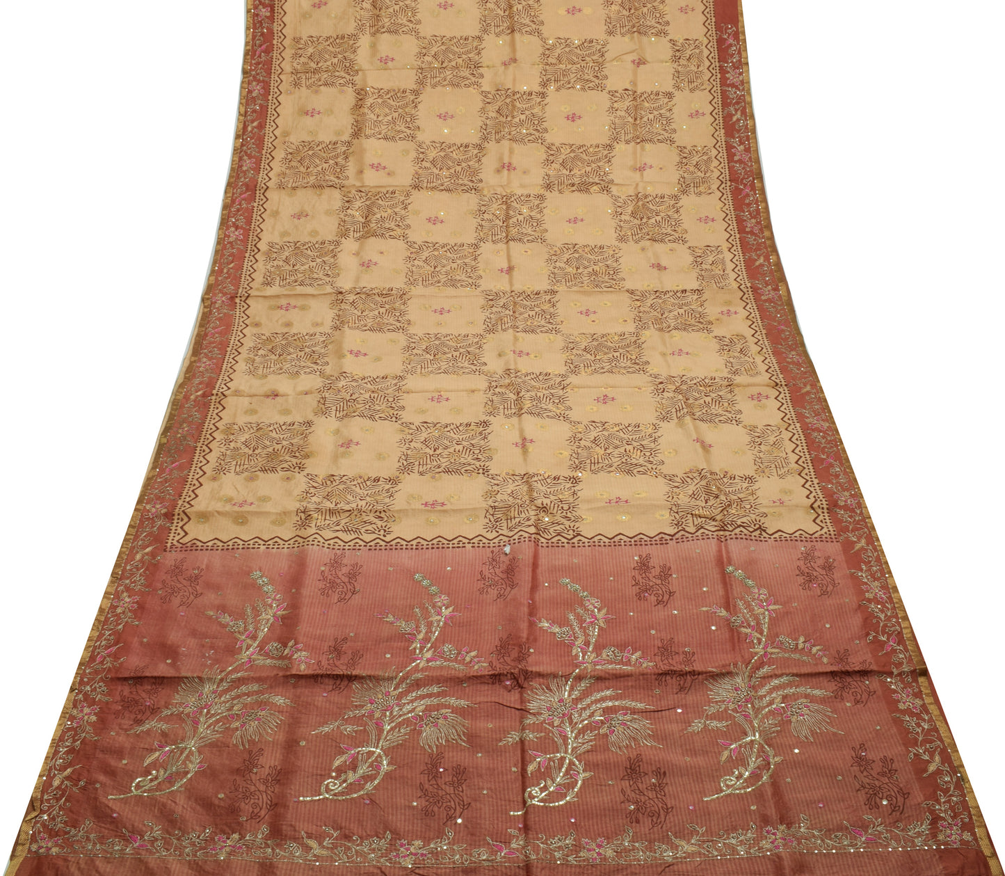 Sushila Vintage Cream Saree Pure Silk Printed & Woven Floral Sari Craft Fabric