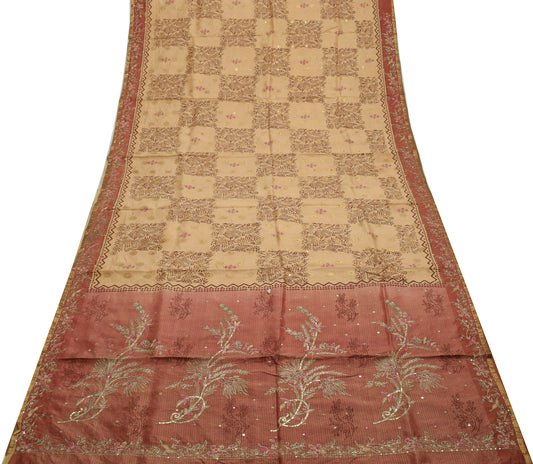 Sushila Vintage Cream Saree Pure Silk Printed & Woven Floral Sari Craft Fabric