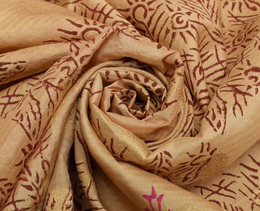 Sushila Vintage Cream Saree Pure Silk Printed & Woven Floral Sari Craft Fabric