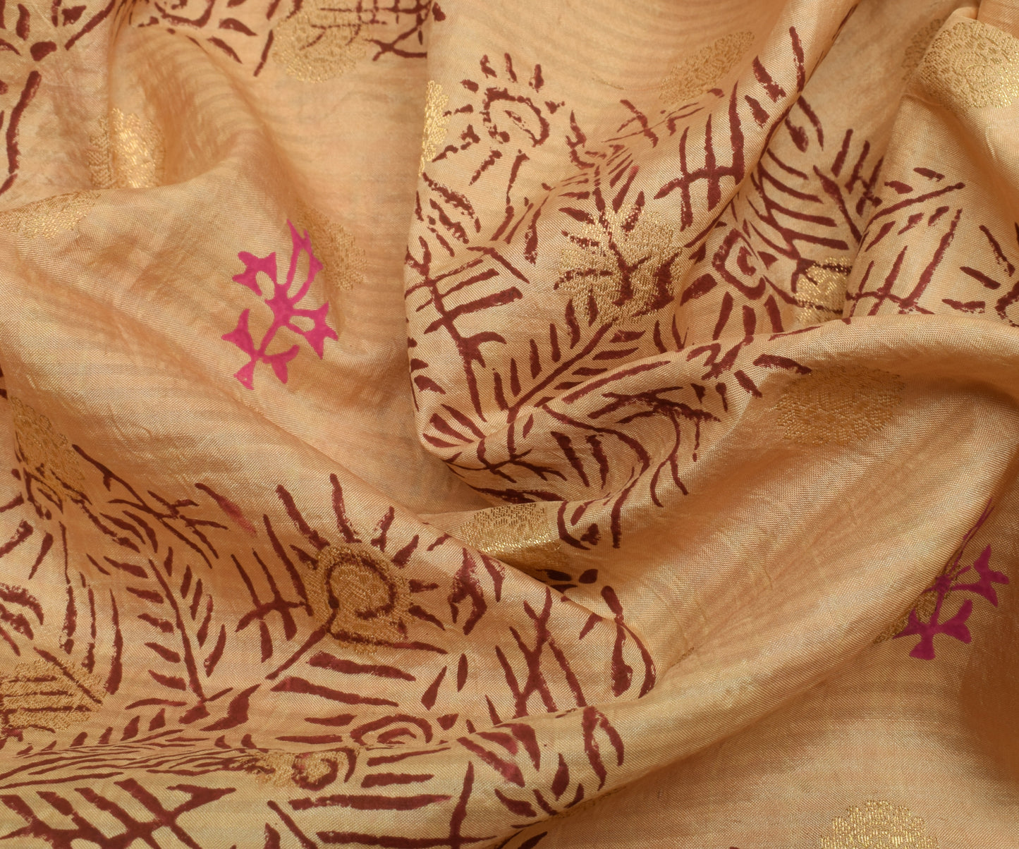 Sushila Vintage Cream Saree Pure Silk Printed & Woven Floral Sari Craft Fabric