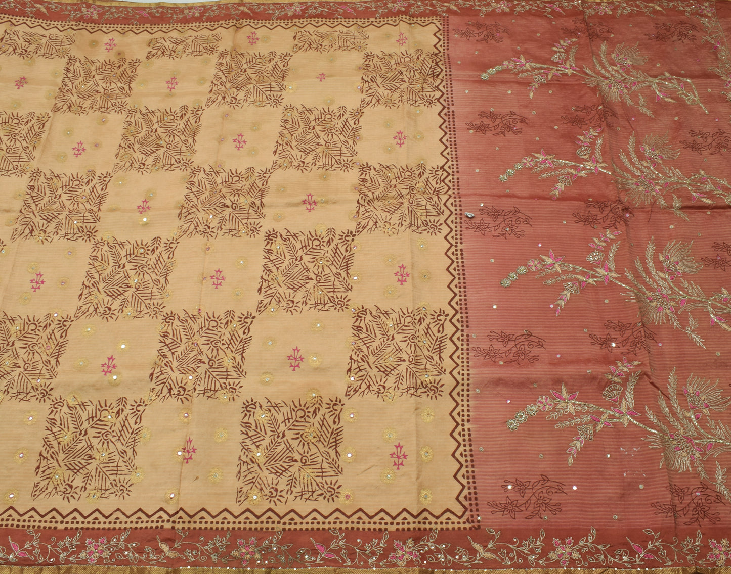 Sushila Vintage Cream Saree Pure Silk Printed & Woven Floral Sari Craft Fabric