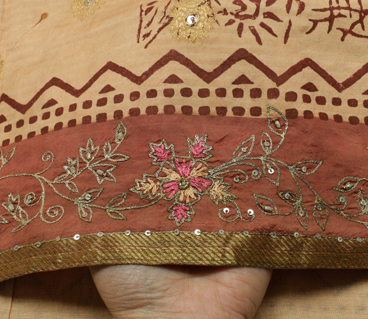 Sushila Vintage Cream Saree Pure Silk Printed & Woven Floral Sari Craft Fabric