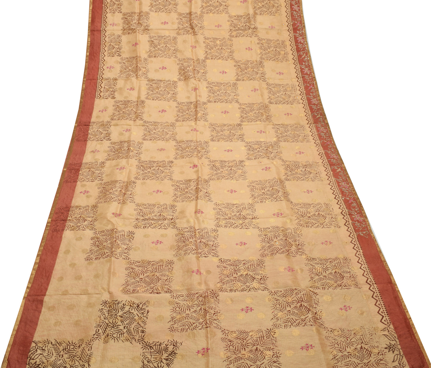 Sushila Vintage Cream Saree Pure Silk Printed & Woven Floral Sari Craft Fabric