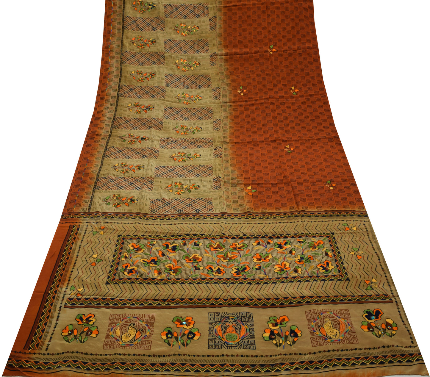 Sushila Vintage Indian Saree Pure Crepe Silk Printed & Embroidered Sari Fabric