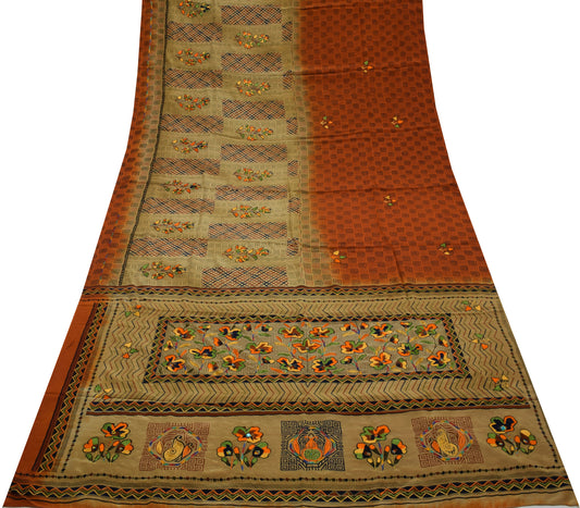 Sushila Vintage Indian Saree Pure Crepe Silk Printed & Embroidered Sari Fabric