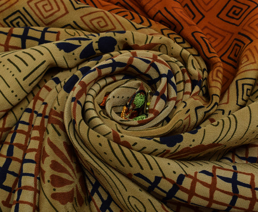 Sushila Vintage Indian Saree Pure Crepe Silk Printed & Embroidered Sari Fabric
