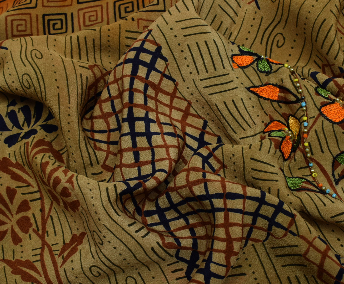 Sushila Vintage Indian Saree Pure Crepe Silk Printed & Embroidered Sari Fabric