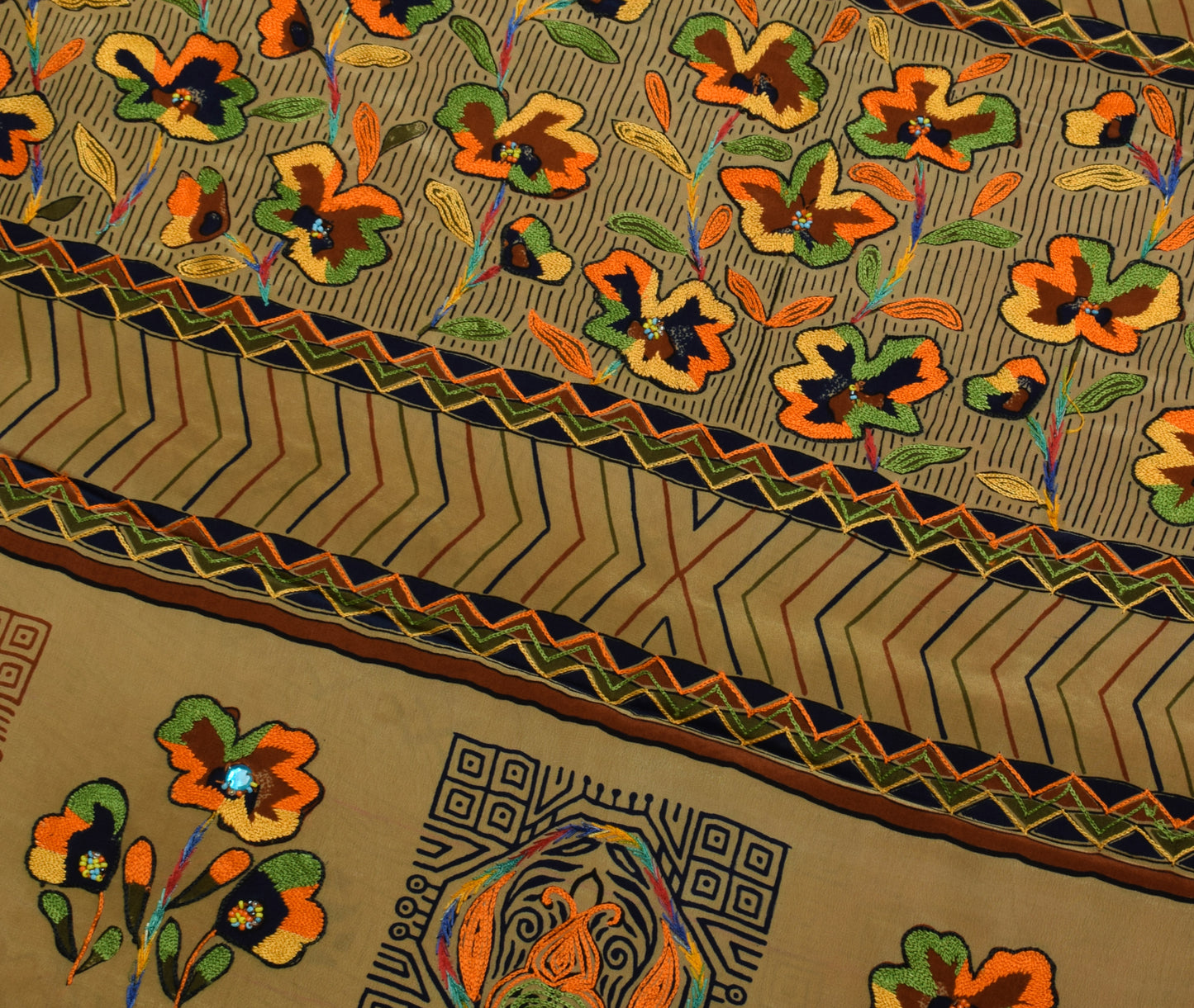 Sushila Vintage Indian Saree Pure Crepe Silk Printed & Embroidered Sari Fabric