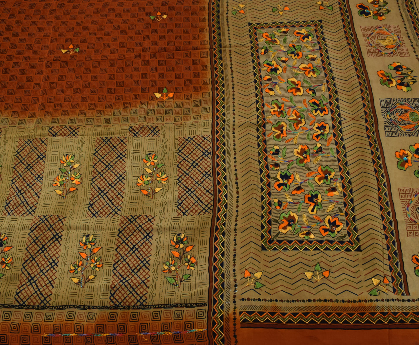 Sushila Vintage Indian Saree Pure Crepe Silk Printed & Embroidered Sari Fabric