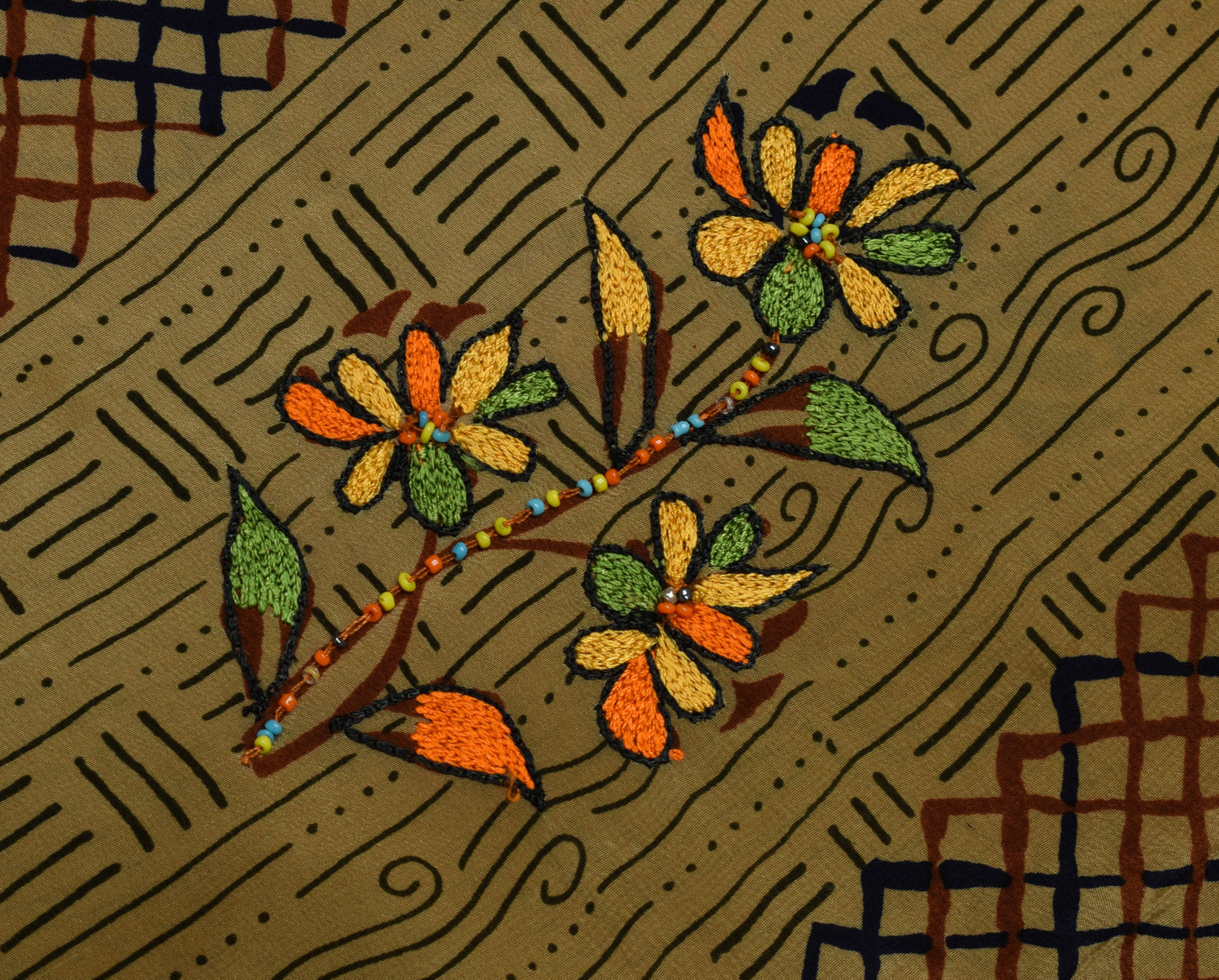 Sushila Vintage Indian Saree Pure Crepe Silk Printed & Embroidered Sari Fabric