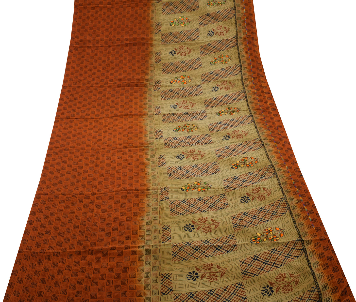 Sushila Vintage Indian Saree Pure Crepe Silk Printed & Embroidered Sari Fabric