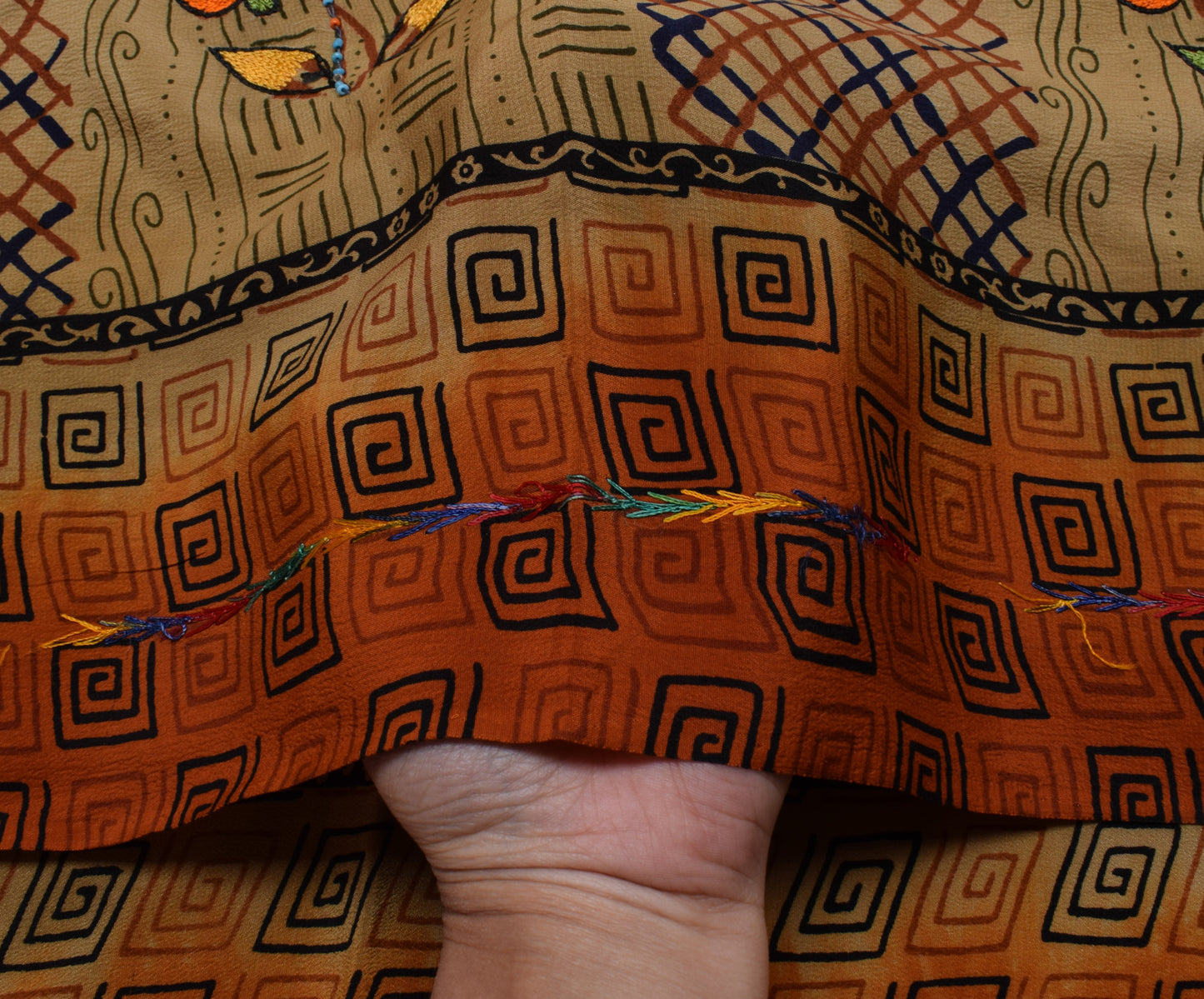 Sushila Vintage Indian Saree Pure Crepe Silk Printed & Embroidered Sari Fabric