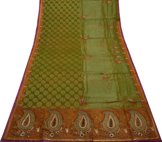 Sushila Vintage Green Saree Pure Georgette Silk Woven Floral Sari Craft Fabric