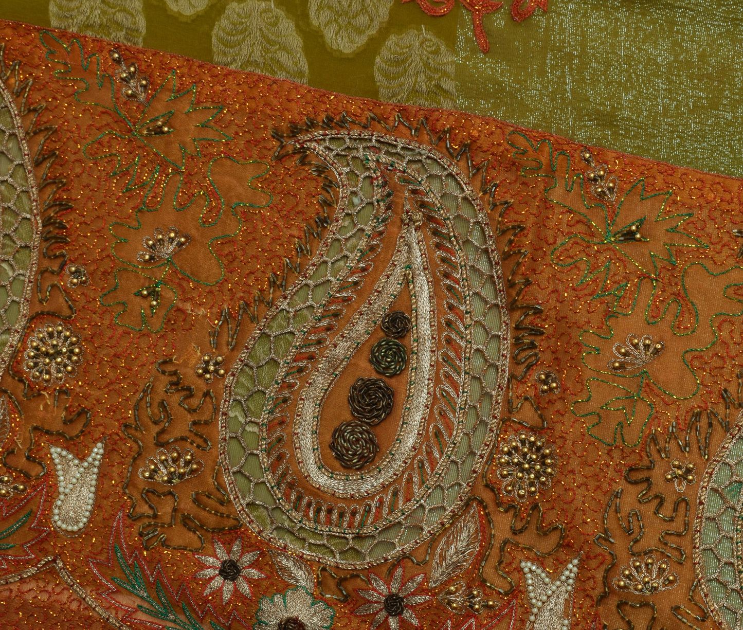 Sushila Vintage Green Saree Pure Georgette Silk Woven Floral Sari Craft Fabric