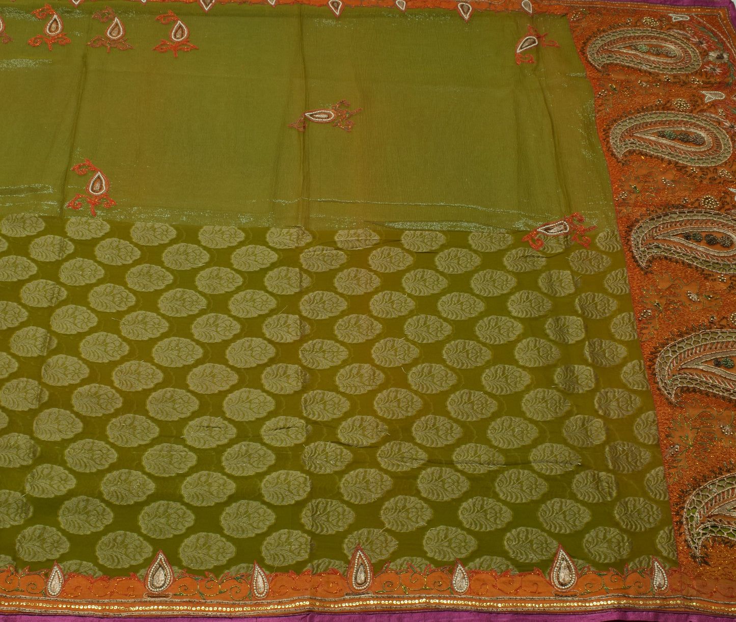 Sushila Vintage Green Saree Pure Georgette Silk Woven Floral Sari Craft Fabric