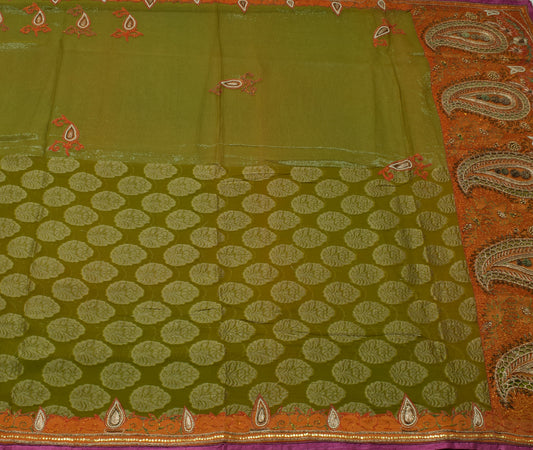 Sushila Vintage Green Saree Pure Georgette Silk Woven Floral Sari Craft Fabric