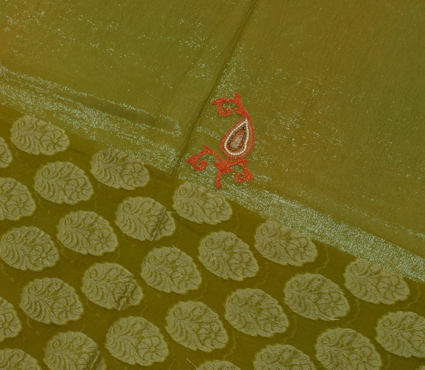 Sushila Vintage Green Saree Pure Georgette Silk Woven Floral Sari Craft Fabric