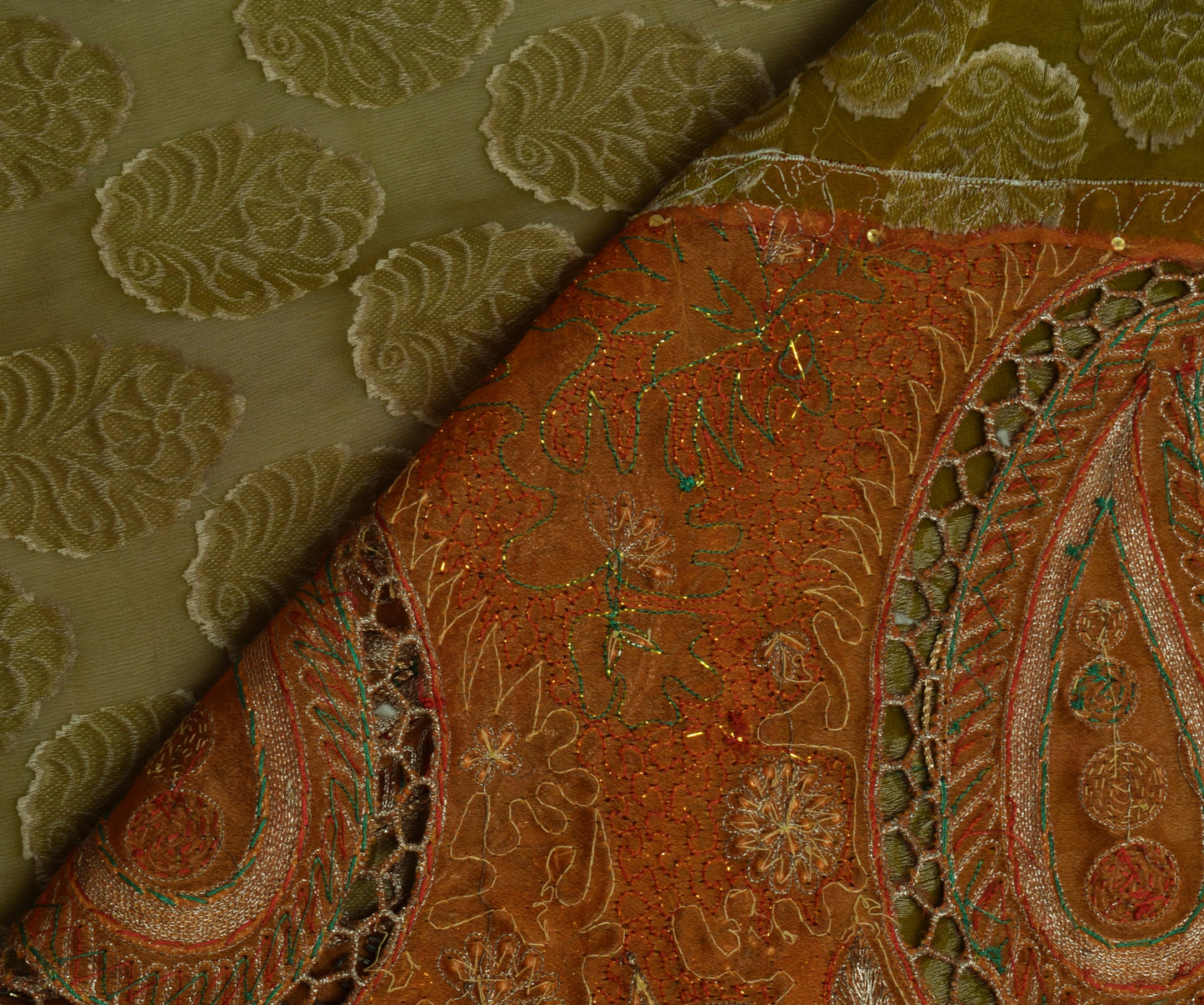 Sushila Vintage Green Saree Pure Georgette Silk Woven Floral Sari Craft Fabric