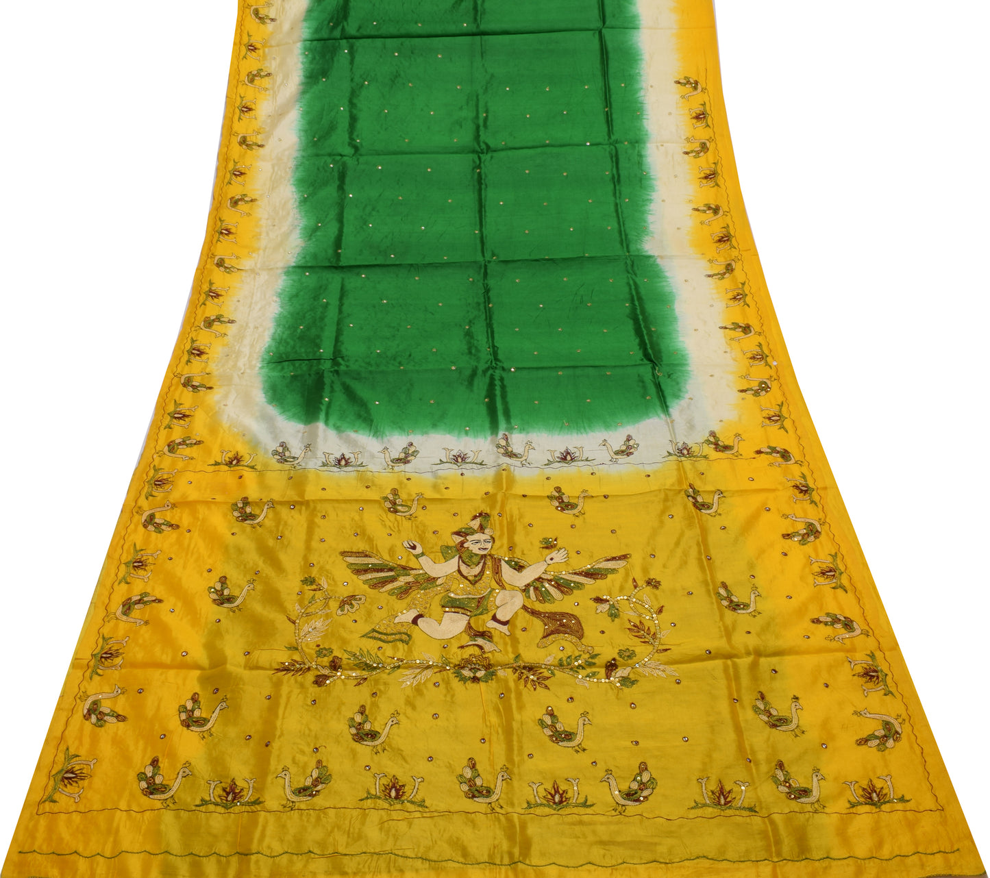 Sushila Vintage Indian Green Saree Pure Silk Embroidered Birds Sari Craft Fabric