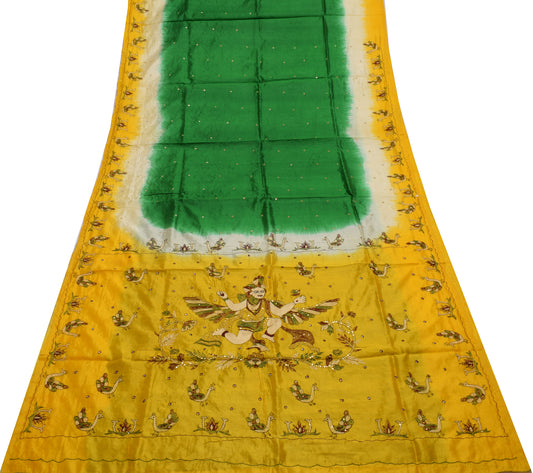 Sushila Vintage Indian Green Saree Pure Silk Embroidered Birds Sari Craft Fabric