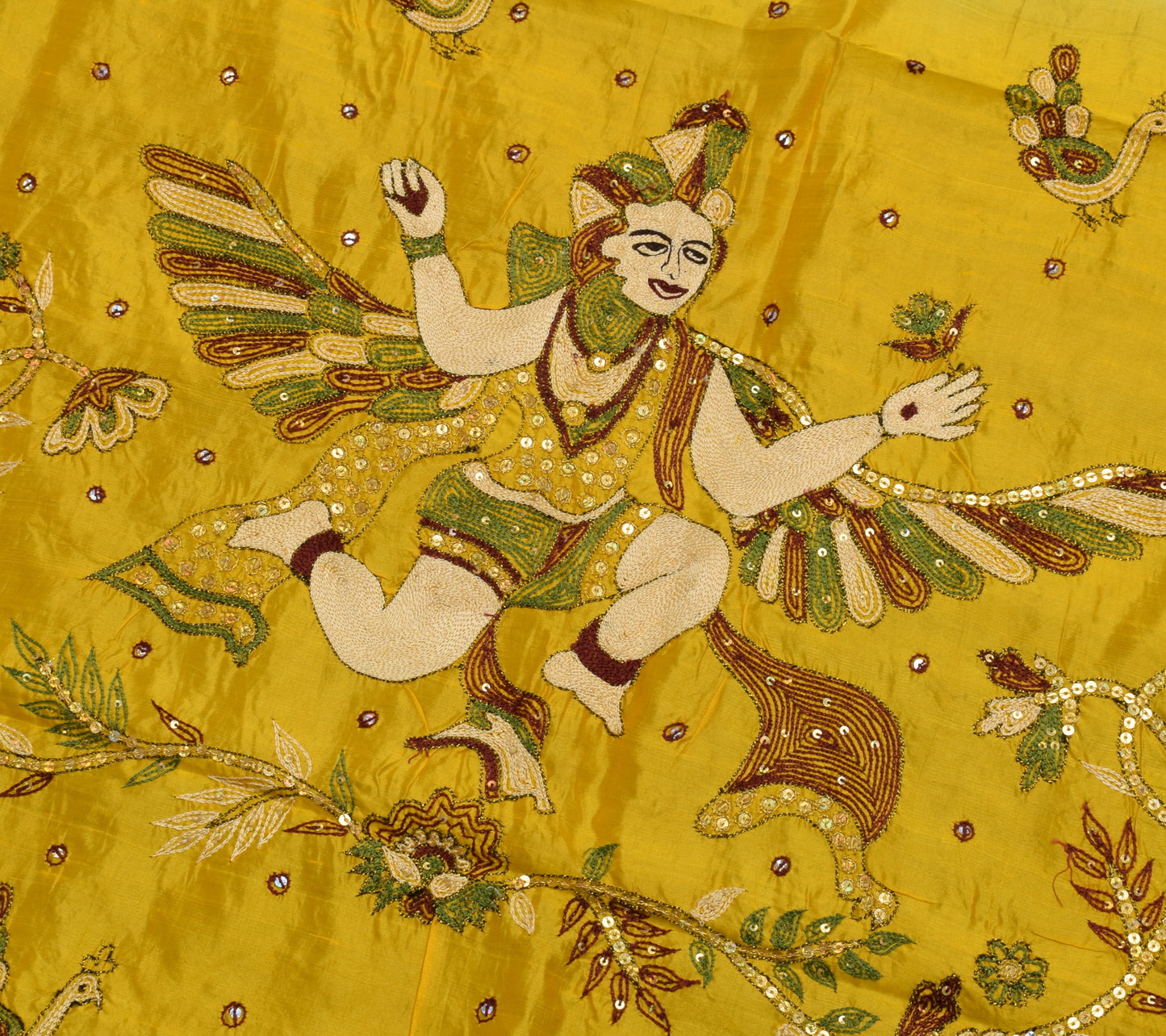 Sushila Vintage Indian Green Saree Pure Silk Embroidered Birds Sari Craft Fabric