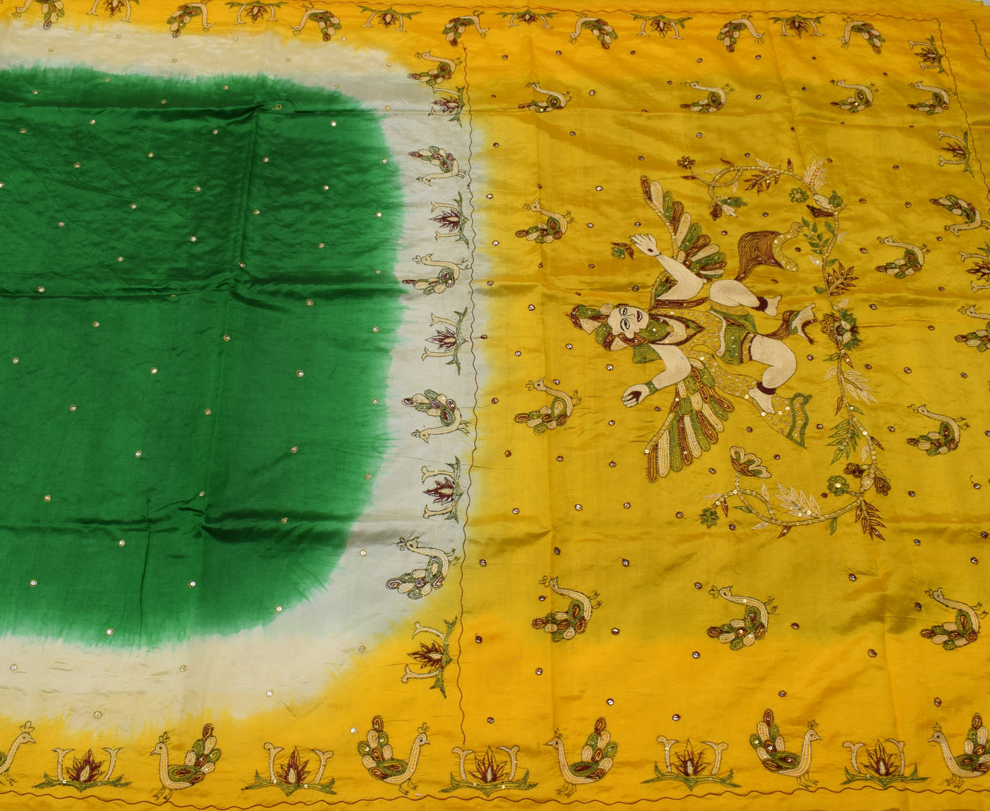 Sushila Vintage Indian Green Saree Pure Silk Embroidered Birds Sari Craft Fabric