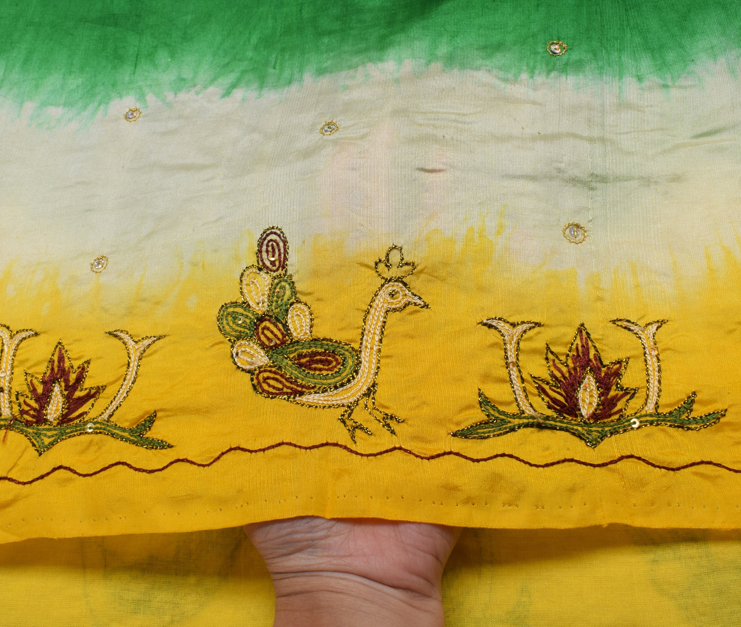 Sushila Vintage Indian Green Saree Pure Silk Embroidered Birds Sari Craft Fabric