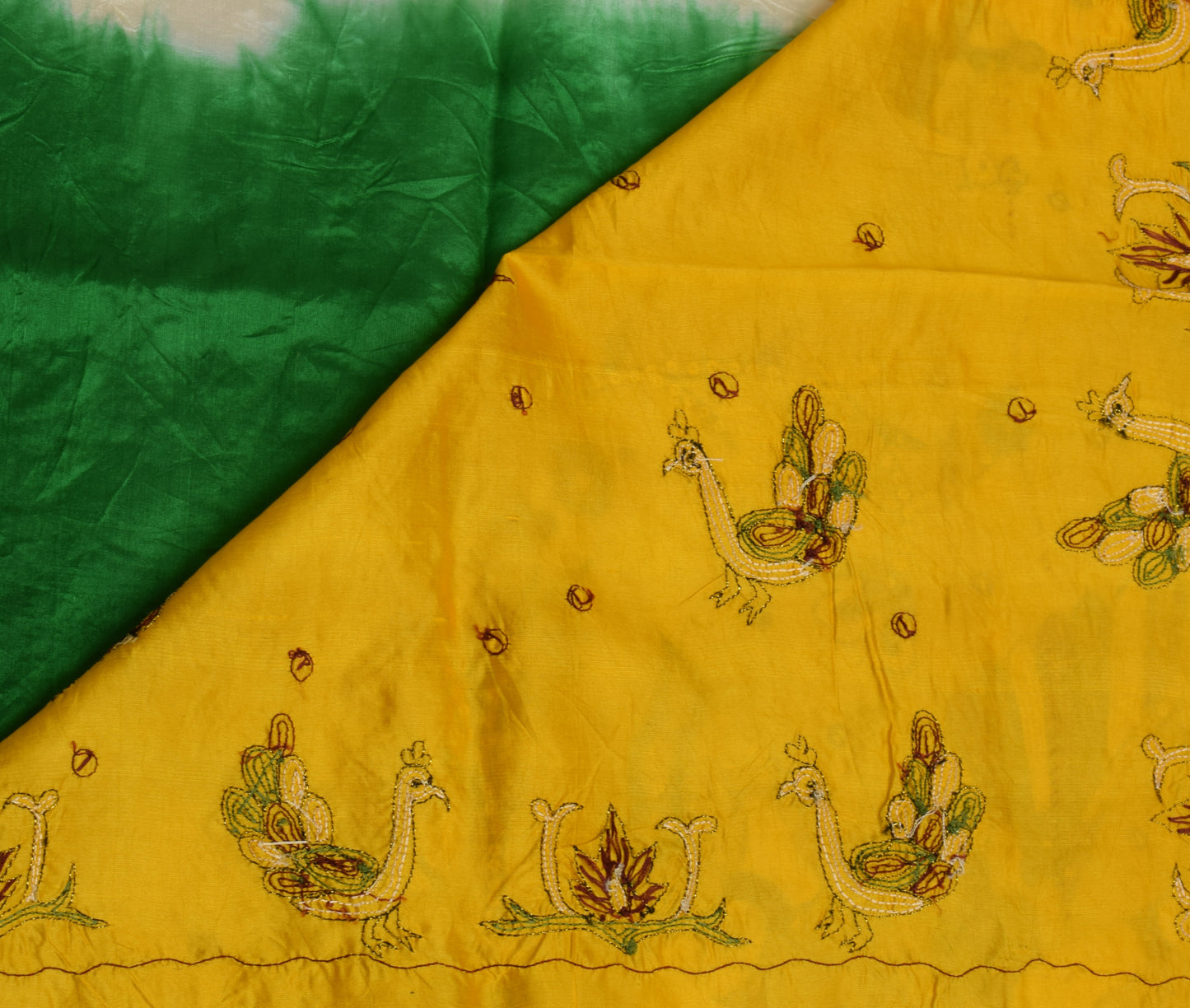 Sushila Vintage Indian Green Saree Pure Silk Embroidered Birds Sari Craft Fabric