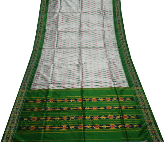 Sushila Vintage Gray Saree Pure Silk Hand Woven Ikat Patola Sari Craft Fabric