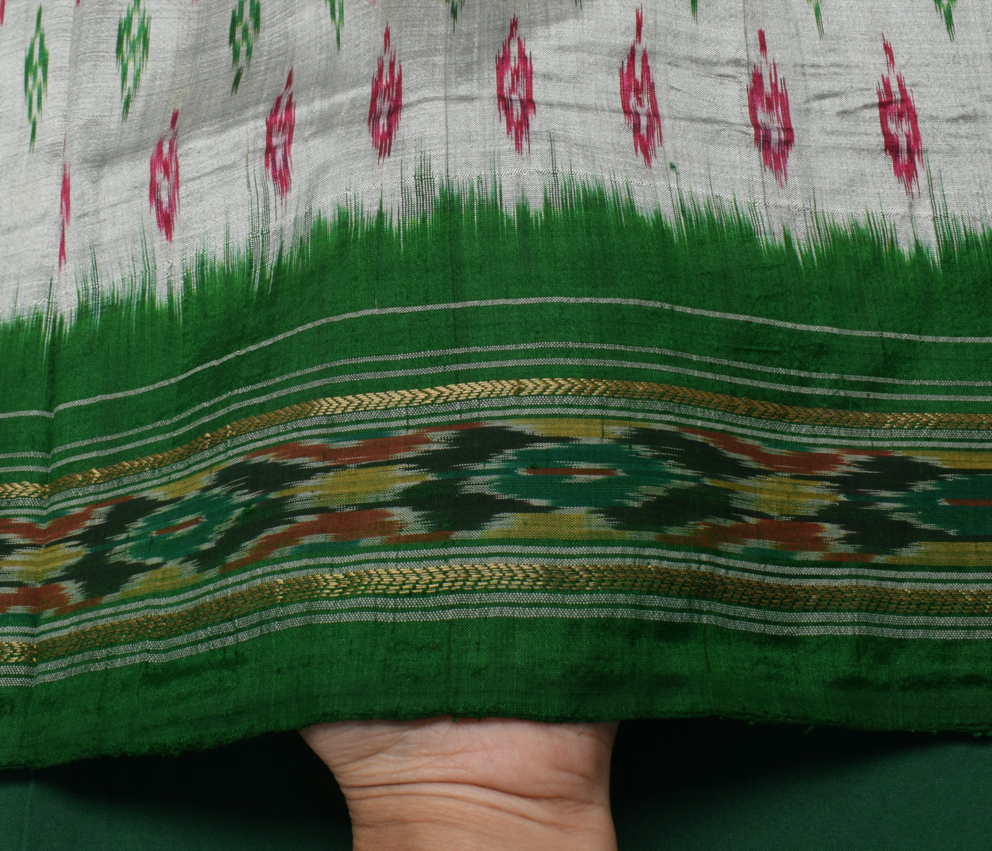 Sushila Vintage Gray Saree Pure Silk Hand Woven Ikat Patola Sari Craft Fabric